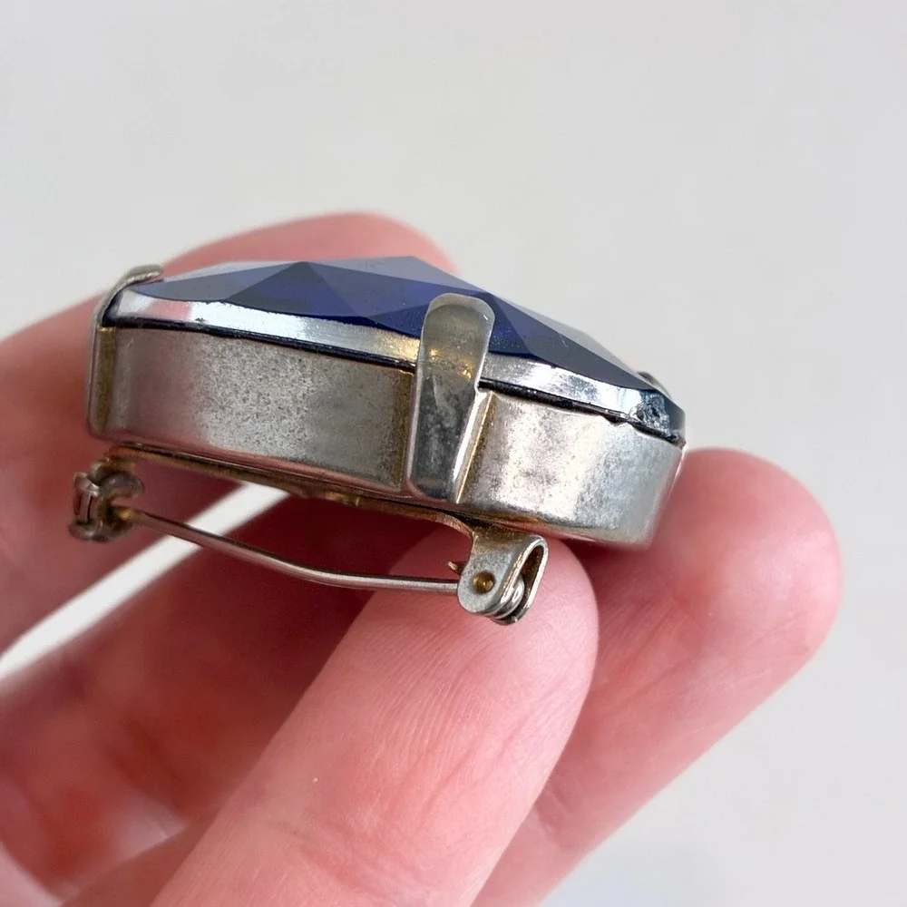 Vintage Brooch Set Blue Rhinestone Mid Century Faceted Silver Tone Jewelry READ